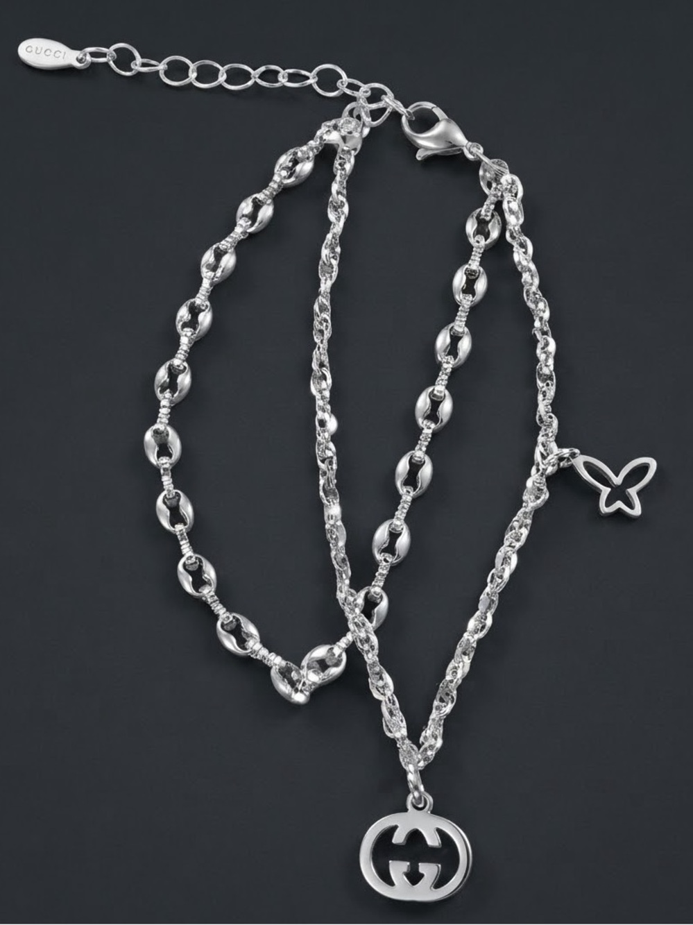 Silver Tone Double-Chain Bracelet with Charms